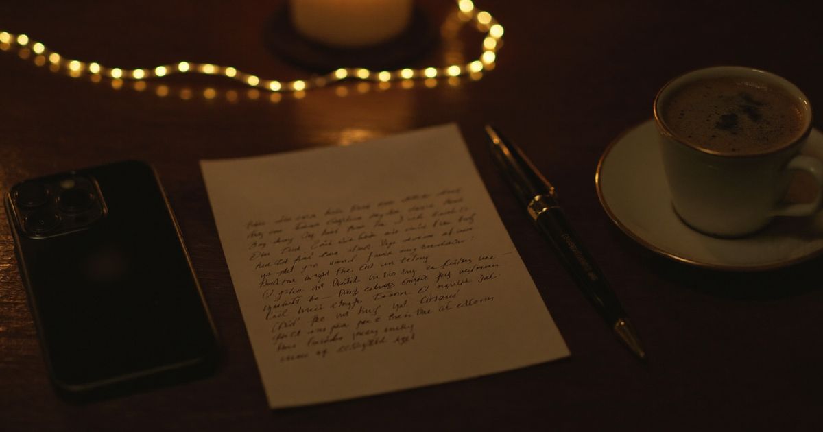 Un téléphone posé face contre la table, à côté d’une lettre manuscrite et d’une tasse de café à la bougie