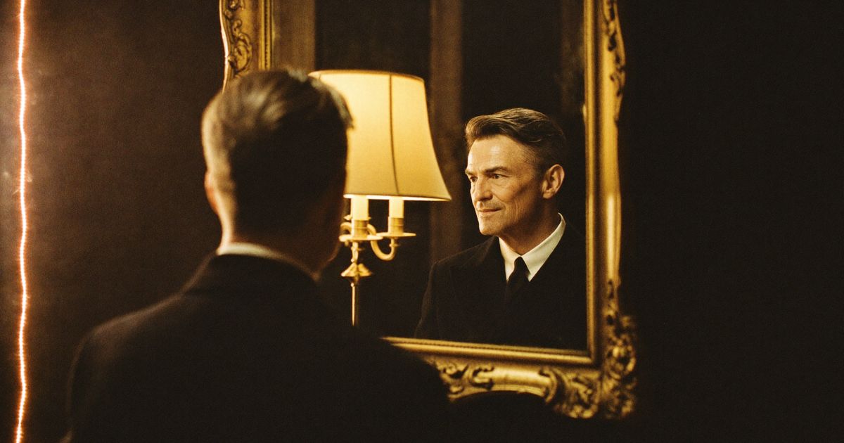 Un homme serein face à son reflet dans un miroir doré, à la lumière d’une lampe