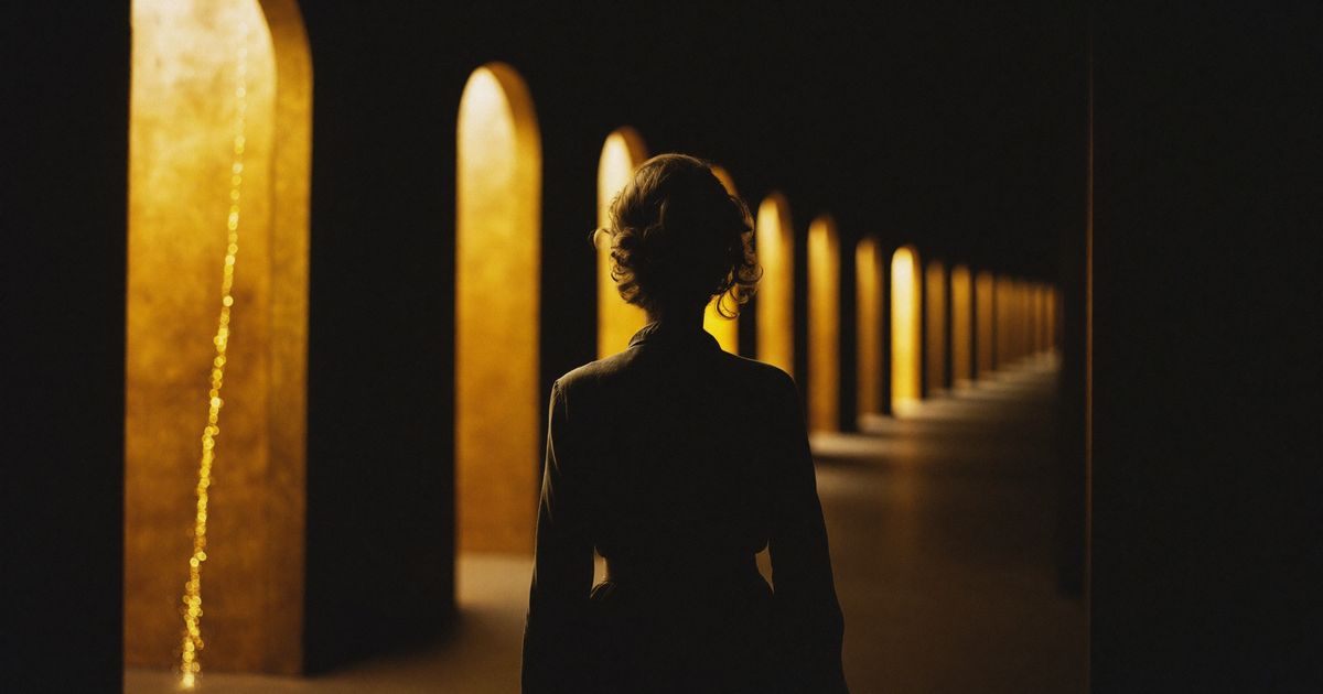 Une femme de dos face à une enfilade d’arches dorées qui se répètent dans un couloir sombre