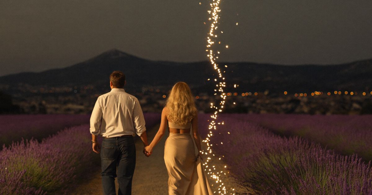 Un couple main dans la main dans un champ de lavande, face au mont Ventoux au crépuscule