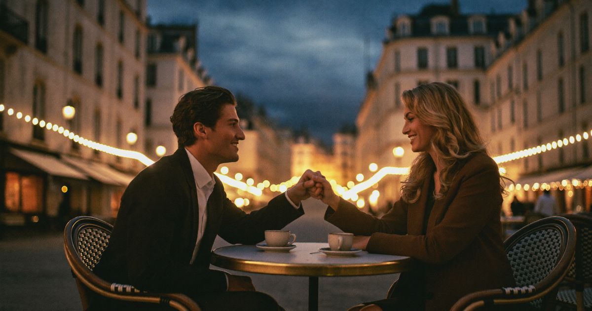 Un homme et une femme se tiennent la main en terrasse, sous des guirlandes lumineuses, à la tombée du jour