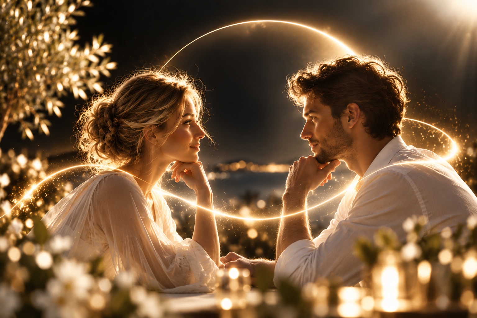 Un homme et une femme face à face, réunis par un fil de lumière dorée